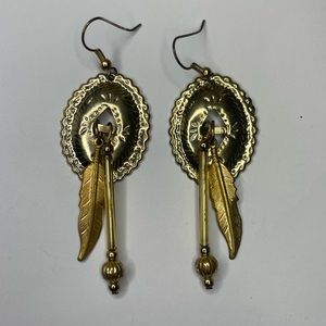 Southwestern Boho Stamped Concho Feather Post Dangle Earrings Gold Tone